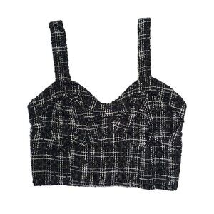 Jopra Women's Black and White Check Tweed Adjustable Strap Crop Top, Size M